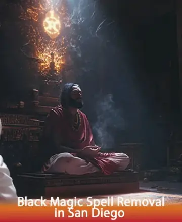 In a serene sanctuary bathed in soft, ethereal light, a wise figure sits in tranquil meditation, exuding a profound sense of peace and spiritual clarity. The atmosphere is one of gentle support and deep wisdom, inviting healing and renewal. Black magic spell removal in San Diego.