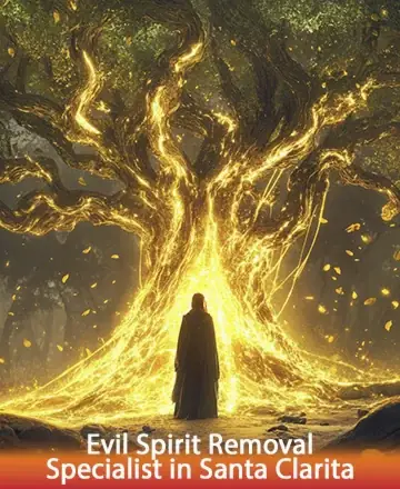Beneath the ancient, luminous tree, a figure stands embraced by golden light, exuding serenity and wisdom. The gentle glow dances amongst the leaves, whispering peace and renewal to the soul. Trust in the warmth of this sacred space. Evil spirit removal in Santa Clarita.
