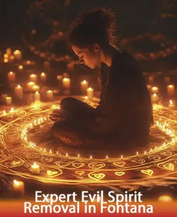 In the gentle embrace of glowing candlelight, a serene figure is surrounded by intricate patterns, symbolizing protection and harmony. The warm hues invite a sense of peace and spiritual clarity, offering a sanctuary for the soul. Expert evil spirit removal in Fontana.