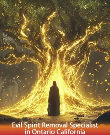 In the heart of an ancient forest, a luminous tree radiates warmth and serenity, enveloping the solitary figure beneath it in a golden embrace. This scene whispers of renewal and gentle guidance, offering solace and peace. Evil spirit removal in Ontario California.