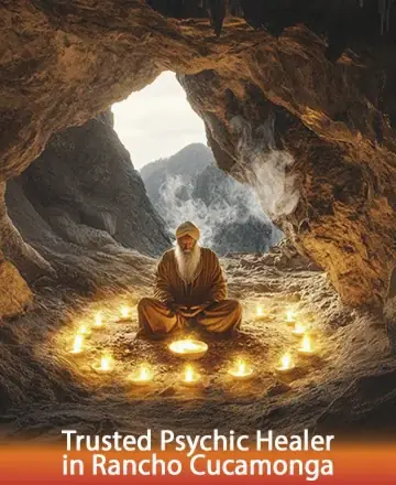 In the serene embrace of a gentle cave, a wise soul meditates amidst a circle of soft, glowing candles. The tranquil setting invites a sense of peace and introspection, offering a haven for spiritual awakening and inner harmony. Psychic healer in Rancho Cucamonga.