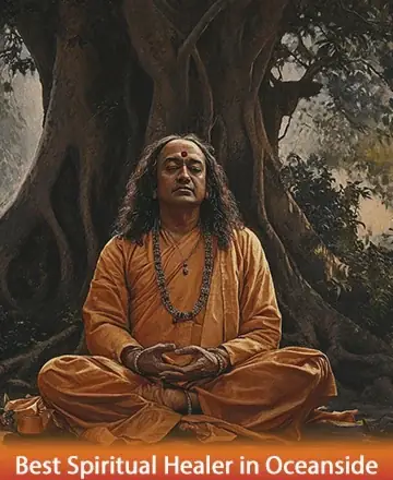 In the heart of nature's embrace, a wise guru sits serenely under an ancient tree, exuding warmth and tranquility. His calm presence invites inner peace and reflection, offering solace to those seeking spiritual guidance. Best spiritual healer in Oceanside.