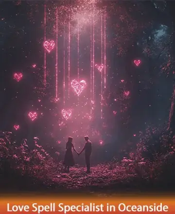 In a serene, enchanting forest bathed in soft, glowing pink light, two figures hold hands beneath a cascade of shimmering hearts. The atmosphere is filled with warmth and gentle magic, inviting a deep sense of connection and tranquility. Love spell specialist in Oceanside.