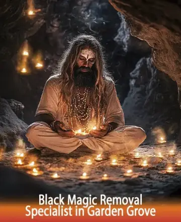 In a serene cave illuminated by the gentle glow of candles, a wise figure sits in peaceful meditation, radiating warmth and tranquility. The atmosphere is filled with a sense of deep wisdom and soulful calm, inviting inner peace and healing. Black magic removal in Garden Grove.