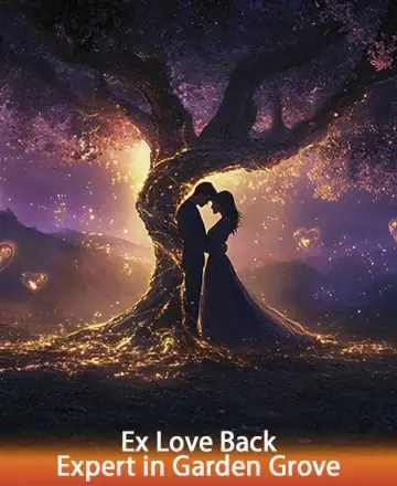 In the gentle embrace of twilight, two souls unite beneath an ancient tree, its branches aglow with warm, magical light. Surrounded by shimmering hearts, they find solace and reconnection in the serene beauty of this enchanting moment. Ex love back expert in Garden Grove.