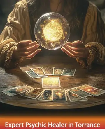 In a serene glow, gentle hands cradle a radiant orb, casting warmth upon an array of beautifully illustrated tarot cards. This tranquil moment invites introspection and healing, offering a sense of peace and clarity. Psychic readings in Torrance.
