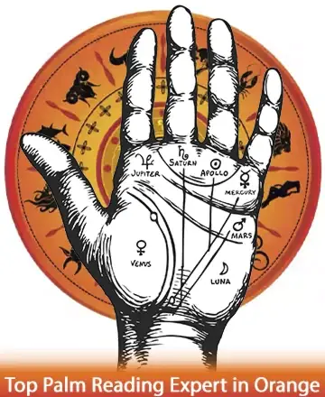 Immerse yourself in the serene wisdom of the cosmos with a gentle guide to your inner journey. The intricate lines of the palm, set against a warm celestial backdrop, invite you to discover the secrets of your soul. Palm reading in Orange.