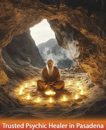 In a serene cave, a wise figure sits surrounded by a gentle circle of glowing candles, exuding warmth and tranquility. The soothing ambiance invites inner peace and deep reflection, offering a sanctuary for the spirit. Trusted psychic healer in Pasadena.