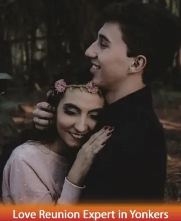 In a serene embrace, two souls find solace amidst nature's gentle whisper. Their smiles speak of deep connection and cherished moments, wrapped in warmth and tenderness. This image beautifully captures the essence of renewed bonds and heartfelt understanding. Love reunion expert in Yonkers.