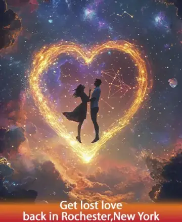 In a celestial embrace, two souls are tenderly reunited amidst a cosmic tapestry, their silhouettes beautifully framed by a luminous heart. This serene scene whispers of hope and reconnection, guiding hearts towards harmony and love. Rekindle lost love in Rochester, New York.