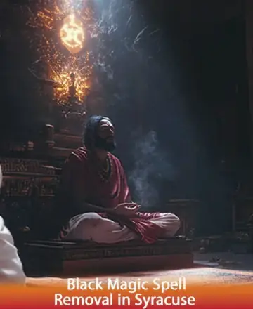 Bathed in a gentle stream of ethereal light, a serene figure meditates quietly, enveloped in ancient wisdom and tranquility. The atmosphere is rich with a sense of peace and spiritual awakening, promising healing and clarity. Black magic spell removal in Syracuse.