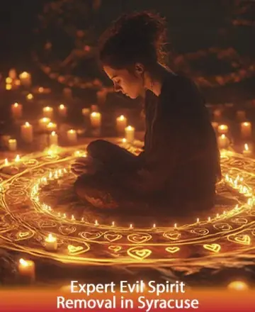 In a serene sanctuary of warm, golden light, a gentle presence finds solace amidst a circle of glowing candles. The peaceful ambiance wraps around you like a comforting embrace, inviting tranquility and healing. Expert evil spirit removal in Syracuse.