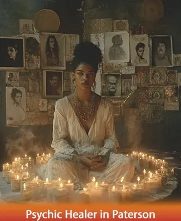 In a serene tapestry of candlelight, a wise presence exudes warmth and tranquility, inviting you into a sacred space of reflection and healing. Surrounded by timeless portraits, this setting offers a gentle embrace for your spirit's journey. Psychic healer in Paterson.