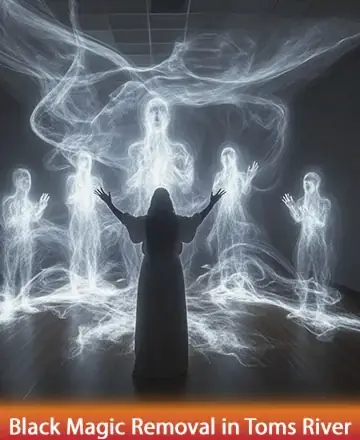 A person in a robe stands with raised arms in a dim room, surrounded by five glowing, ethereal figures. Swirling mist connects the figures, creating a mystical atmosphere.