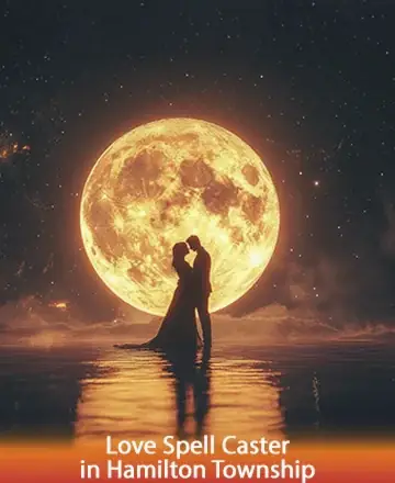 Beneath the luminous embrace of a full moon, two silhouettes share a tender moment, enveloped by a serene night sky. This peaceful scene whispers of love and connection, inviting hearts to unite in harmony. Love spell caster in Hamilton Township.