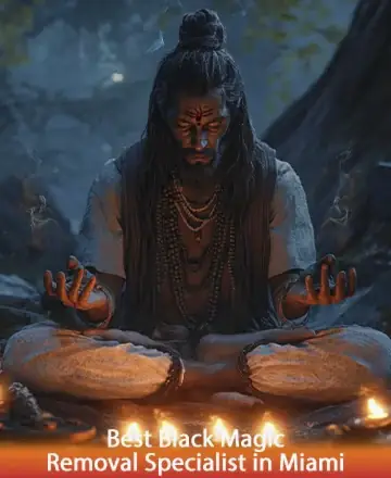 In a serene, moonlit forest, a wise sage sits in tranquil meditation, surrounded by the gentle glow of candles. His peaceful presence radiates warmth and wisdom, inviting a sense of calm and reassurance. Embrace the journey to inner peace and transformation. Black magic removal in Miami.