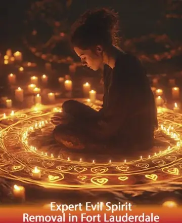 In the gentle glow of countless candles, a serene figure sits enveloped by an aura of warmth and protection. The soft, flickering light reflects a journey towards peace and tranquility, inviting calmness into the soul. Expert evil spirit removal in Fort Lauderdale.