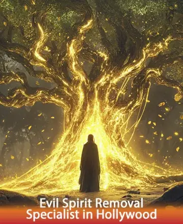 In a serene woodland, a majestic tree radiates golden light, embracing the tranquil figure standing beneath its boughs. This enchanting scene evokes a profound sense of peace and reassurance, offering a sanctuary for the soul. Evil spirit removal specialist in Hollywood.