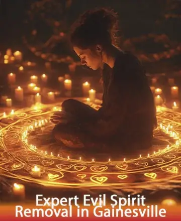 In the gentle glow of countless candles, a serene figure finds solace within a circle of light and intricate symbols. This peaceful scene invites a sense of calm and protection, enveloping the spirit in warmth and tranquility. Evil spirit removal in Gainesville.
