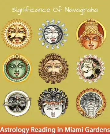 This serene image beautifully illustrates the Navagrahas, each celestial being radiating ancient wisdom and harmonious energy. It invites you to explore the cosmic influences that gently guide our lives, offering insights and peace. Embrace the journey of self-discovery with astrology reading in Miami Gardens.