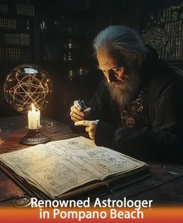 In the serene glow of candlelight, a wise figure pours over ancient texts, his presence exuding warmth and profound understanding. The room, filled with mystical symbols, invites reflection and calm. Each page turned whispers secrets of the cosmos. Astrological guidance in Pompano Beach.