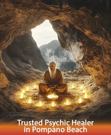 In a serene cave, bathed in soft, golden light, a wise figure meditates within a circle of glowing candles. The tranquil scene invites inner peace and reflection, offering solace and gentle guidance. Experience the warmth and wisdom of a trusted psychic healer in Pompano Beach.