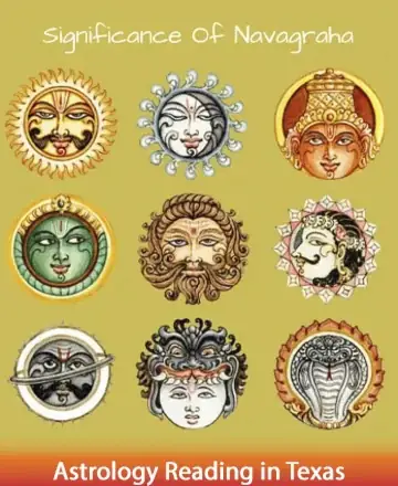 Explore the serene essence of the Navagraha, each celestial body depicted with intricate beauty and vibrant colors. This sacred imagery invites harmony and balance into your life, fostering a deep connection to the cosmos. Astrology reading in Texas.