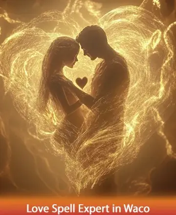 In a tender embrace, two souls are woven together with golden threads of light, creating a serene heart that radiates warmth and unity. This image speaks to the gentle power of connection and the profound magic of love. Love spell expert in Waco.