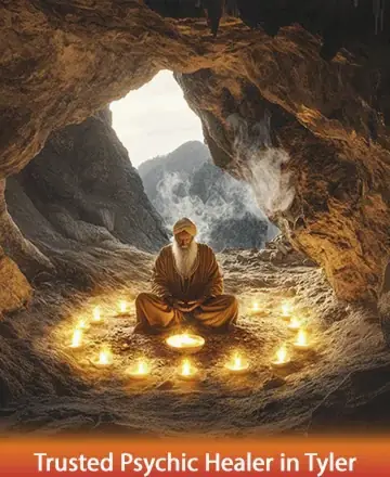 In a serene cave adorned with the gentle glow of candlelight, a wise figure sits in tranquil meditation, radiating peace and wisdom. The warm embrace of nature and the soft flicker of flames create a haven of comfort and reflection. Trusted psychic healer in Tyler.