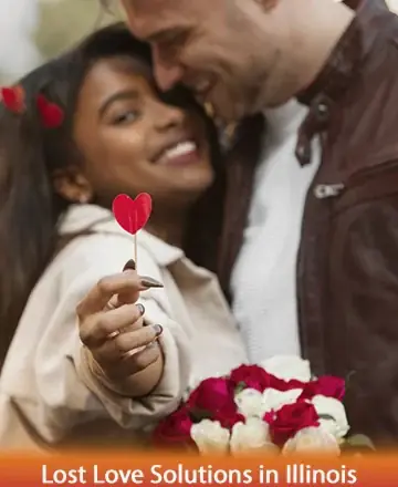 In a gentle embrace, love blooms effortlessly as two souls connect with warmth and sincerity. The tender exchange of smiles and flowers creates a serene moment of unity and understanding, wrapped in pure affection. Lost love solutions in Illinois.