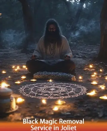 In the serene embrace of a moonlit forest, a figure sits in tranquil meditation, surrounded by the warm glow of candlelight and intricate patterns drawn on the earth. This sacred space invites peace and transformation, offering a gentle path to inner harmony. Black magic removal service in Joliet.