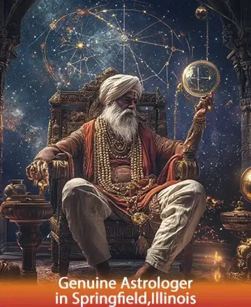 In a serene cosmic realm, a wise sage sits gracefully, surrounded by celestial wonders. His presence exudes warmth and ancient wisdom, offering solace and guidance to seekers of truth and peace. Genuine astrologer in Springfield, Illinois.
