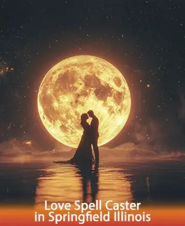 Silhouetted couple stands by reflective water under an enormous, glowing full moon. The sky is starry and the scene is bathed in warm orange hues. Text reads: 