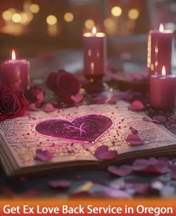 In a serene setting filled with gentle candlelight, an open book adorned with delicate rose petals cradles a radiant heart, symbolizing the warmth of rekindled love. The soft glow speaks to the soul, offering hope and renewal. Ex love back service in Oregon.