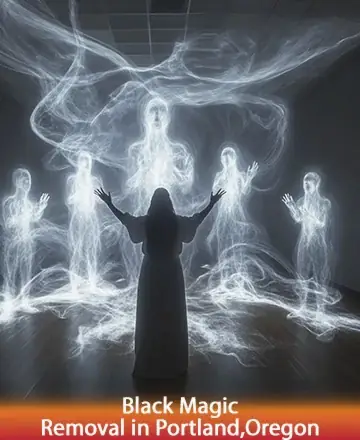 In a serene embrace of light and shadows, a gentle figure stands amidst ethereal forms, arms open to the universe's wisdom and comfort. This sacred moment invites peace and clarity, enveloping you in warmth and understanding. Black magic removal in Portland, Oregon.