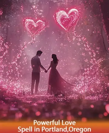 In a serene forest bathed in soft pink light, two souls stand hand in hand, surrounded by the enchanting glow of love. Heart-shaped lights dance above, symbolizing a deep connection and harmony. Together, they embrace the magic of unity and peace. Love spell in Portland, Oregon.