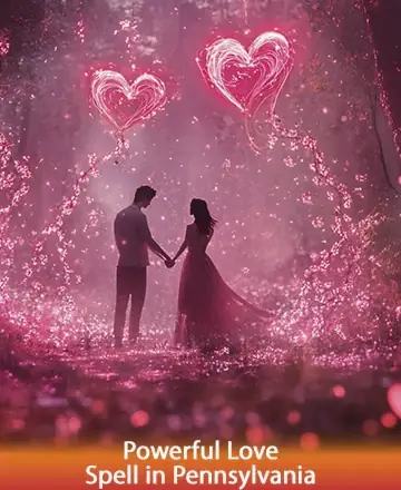In a serene, magical forest, two souls unite under a canopy of shimmering hearts, enveloped in a warm, enchanting glow. Their connection radiates a gentle, profound love, inviting peace and harmony into their journey together. Powerful love spell in Pennsylvania.