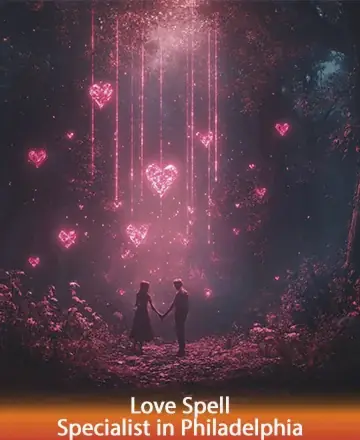 In a serene forest bathed in gentle pink light, two souls stand hand in hand, surrounded by glowing hearts that float like whispers of love in the air. This enchanting scene invites warmth, connection, and profound harmony. Love spell specialist in Philadelphia.