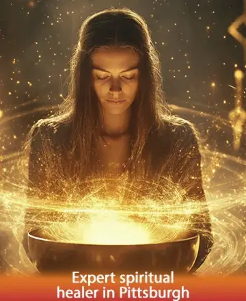 A serene woman bathes in a golden glow, her gentle expression reflecting deep tranquility and inner peace. The surrounding light swirls like a warm embrace, inviting you to feel comforted and supported on your spiritual journey. Spiritual healing in Pittsburgh.