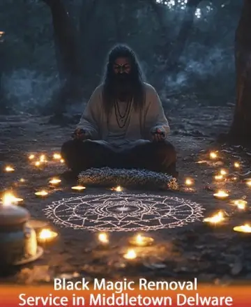 A man is meditating in a forest setting, surrounded by lit candles and an intricate, circular design drawn on the ground. The scene is illuminated by the warm glow of candlelight, creating a mystical atmosphere. The text at the bottom reads, 