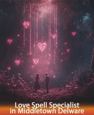 A romantic, mystical scene depicting a couple holding hands in a magical forest illuminated by glowing pink heart-shaped lights. The atmosphere is enchanting, with hearts hanging like lanterns from above, casting a warm glow on the couple. The text overlay reads, 