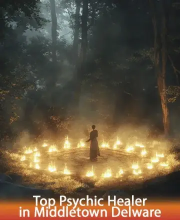 A person stands in a mystical forest clearing, encircled by glowing candles on the ground, under a misty, blue-gray sky. Trees loom around them. Text reads: 
