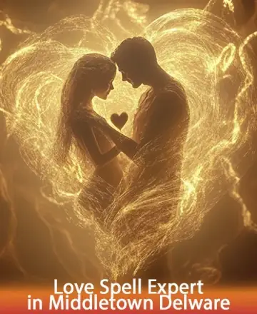 A mystical illustration depicting a glowing couple surrounded by swirling golden lights forming a heart shape. The light creates a romantic and enchanting atmosphere. At the bottom, bold text reads 