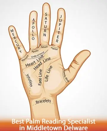 Illustration of a hand used for palm reading, featuring labeled lines and mounts. Each finger is labeled with names: Mercury, Apollo, Saturn, and Jupiter. The palm includes markings for the Heart Line, Head Line, Fate Line, Life Line, and areas like Intuition and Bracelets. The text at the bottom reads 