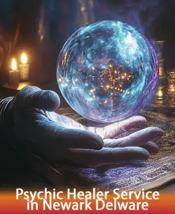 A hand holds a glowing crystal ball with swirling blue and gold lights. Two lit candles and a textured cloth background create a mystical atmosphere. Text reads, 