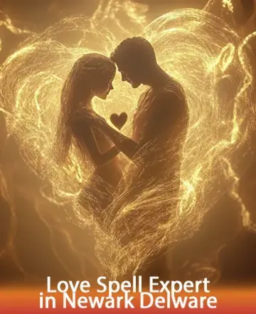 A romantic, mystical illustration featuring a man and woman surrounded by swirling golden light, forming the shape of a heart. Both figures are leaning towards each other, creating a sense of intimacy and connection. A smaller heart is glowing between them. The image includes text at the bottom that reads 