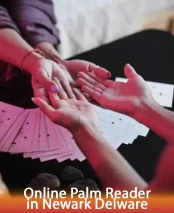 A person is having their palm read by a palm reader, with tarot cards displayed on a table. The setting is softly lit, creating a mystical atmosphere. Text at the bottom reads, 