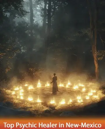 In the heart of a serene forest, gentle flames encircle a solitary figure, creating a sanctuary of light and tranquility. The soft glow dances with whispers of ancient wisdom, inviting you into a realm of peace and spiritual awakening. Psychic healer in New Mexico.