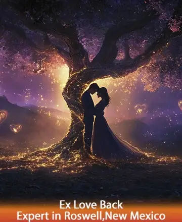 In the gentle embrace of twilight beneath an ancient, wise tree, two souls reconnect, enveloped in a golden glow of tender love and timeless magic. This serene moment whispers of healing and hope. Rekindle your heart's desire with ex love back in Roswell, New Mexico.