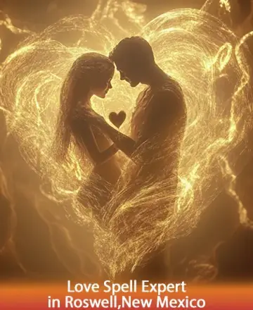 In a warm embrace, two souls connect amidst flowing golden energies, creating a heart that radiates peace and unity. Their shared moment is a gentle reminder of love’s timeless power, providing solace and hope. Love spell expert in Roswell, New Mexico.